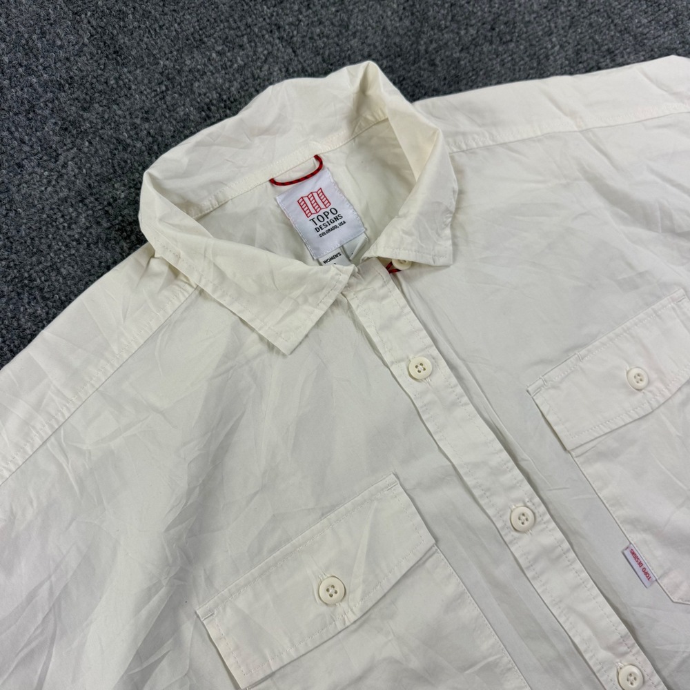 Topo Designs Dirt Shirt Large White Short Sleeve Button Up Pocket Top Womens